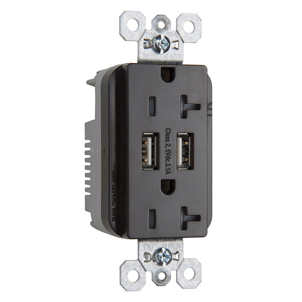 Combination 20A 125V Tamper-Resistant Duplex Outlet with Two USB Chargers - Brown