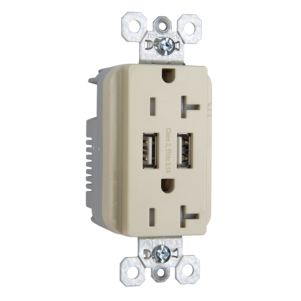Combination 20A 125V Tamper-Resistant Duplex Outlet with Two USB Chargers - Ivory