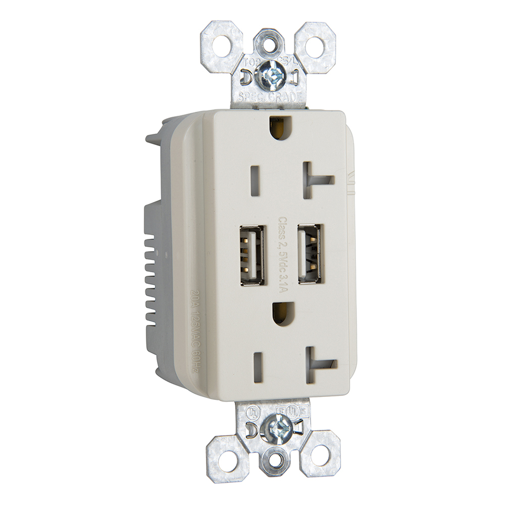 Combination 20A 125V Tamper-Resistant Duplex Outlet with Two USB Chargers - Light Almond