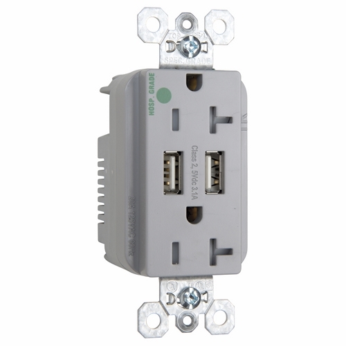 Decorator Combination 20A 125V Tamper-Resistant Hospital Grade duplex Outlet with Two USB Chargers - Gray