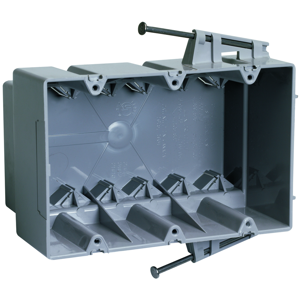 Triple Gang, Switch and Outlet Box with Captive Mounting Nails on Each End, Six Auto/Clamps on Each End, 3 1/16 depth for manufactured housing walls. 50 pack.