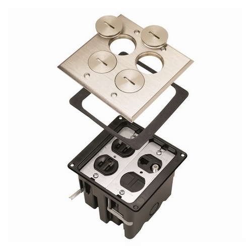 Tamper-Resistant Floor Box Assembly, Dual-voltage. Two #8 duplex openings, Four threaded screw plugs. Includes 3232 15 amp, 125 volt tamper-resistant duplex receptacle, Cat5E Jack, F-connector, Ten Blanks and a low-voltage divider.Nickel.