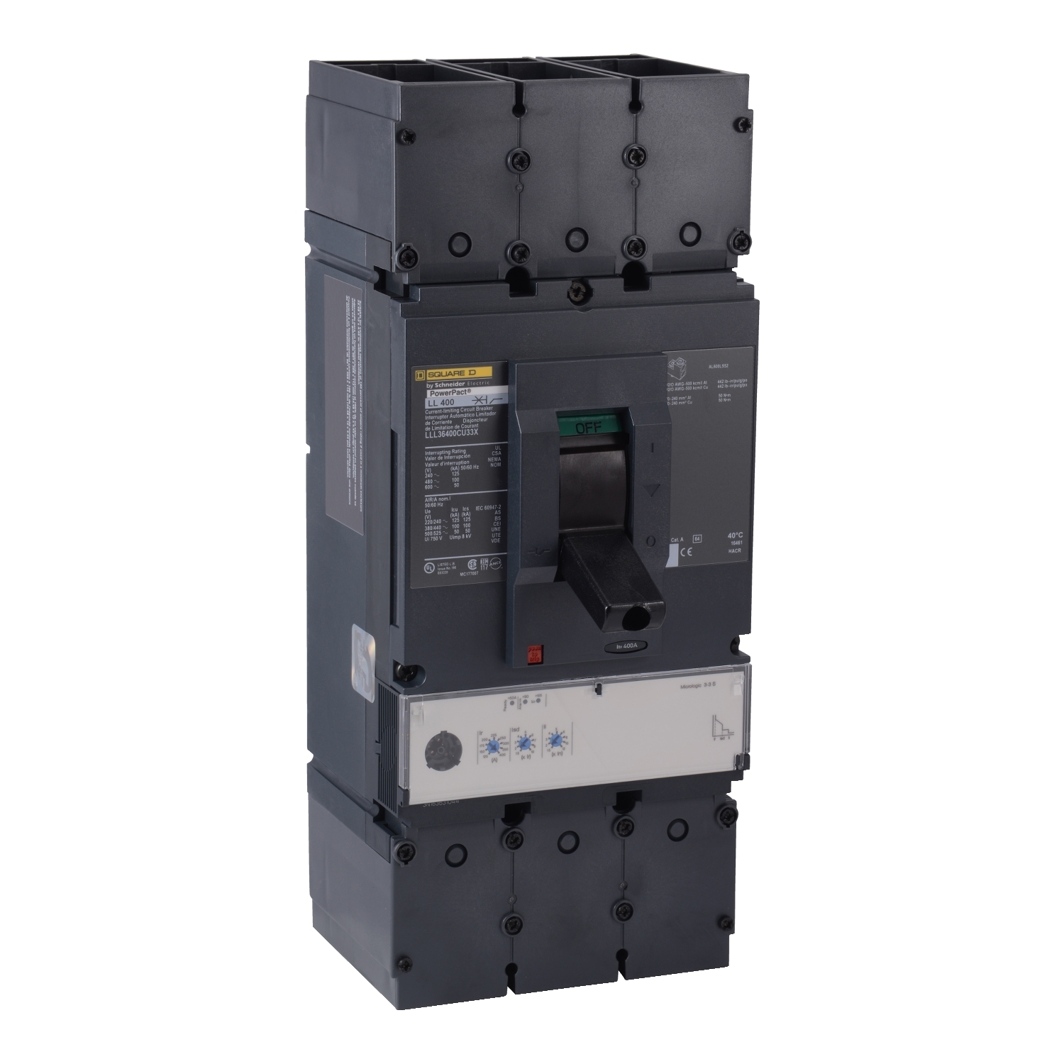Circuit breaker, PowerPacT L, 600A, 3 pole, 600VAC, 14kA, lugs, MicroLogic 3.3S, 80%