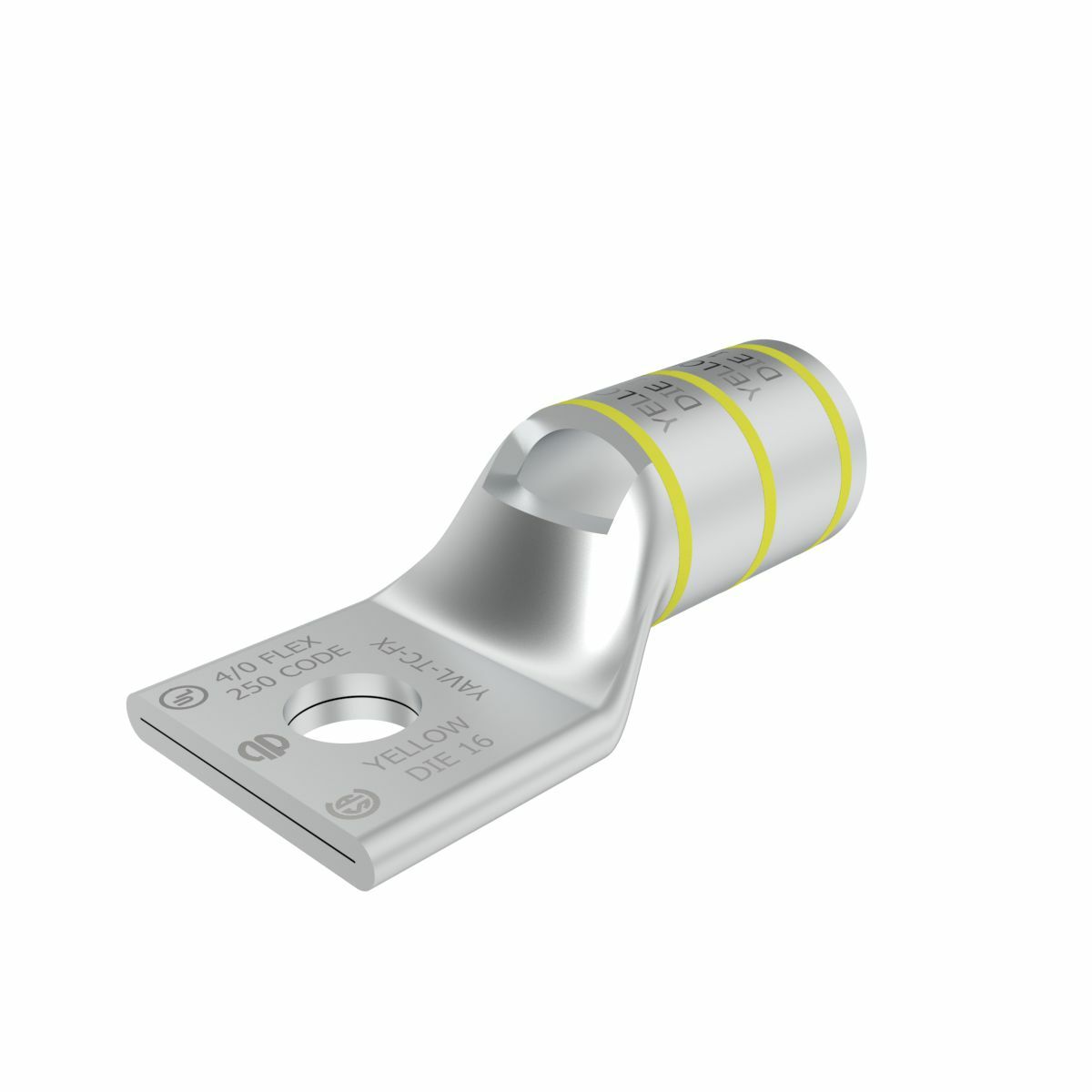250 kcmil, 4/0 G,H,I,K,M,DLO CU, One Hole, 3/8 Stud Size,  Standard Barrel, Inspection Window Internal Chamfer, Tin Plated, UL/CSA, 90?C, Up to 35kV, Yellow Color Code, 16 Die Index.