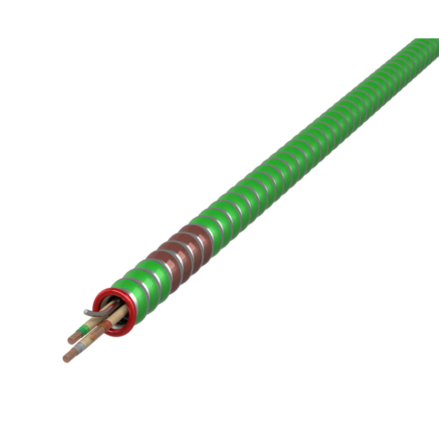 12-2 Solid Red, White, Green - HCF-Lite Green Interlocked Aluminum Armor w/Phase ID - Type AC - Health Care Facilities - 250' Coil