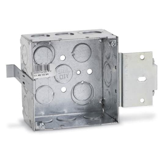 Square Box, 42 Cubic Inches, 4-11/16 Inches Square x 2-1/8 Inches Deep, 1/2 Inch and 3/4 Inch Eccentric Knockouts, Pre-Galvanized Steel, Welded Construction, with Metal Stud Bracket, For use with Conduit