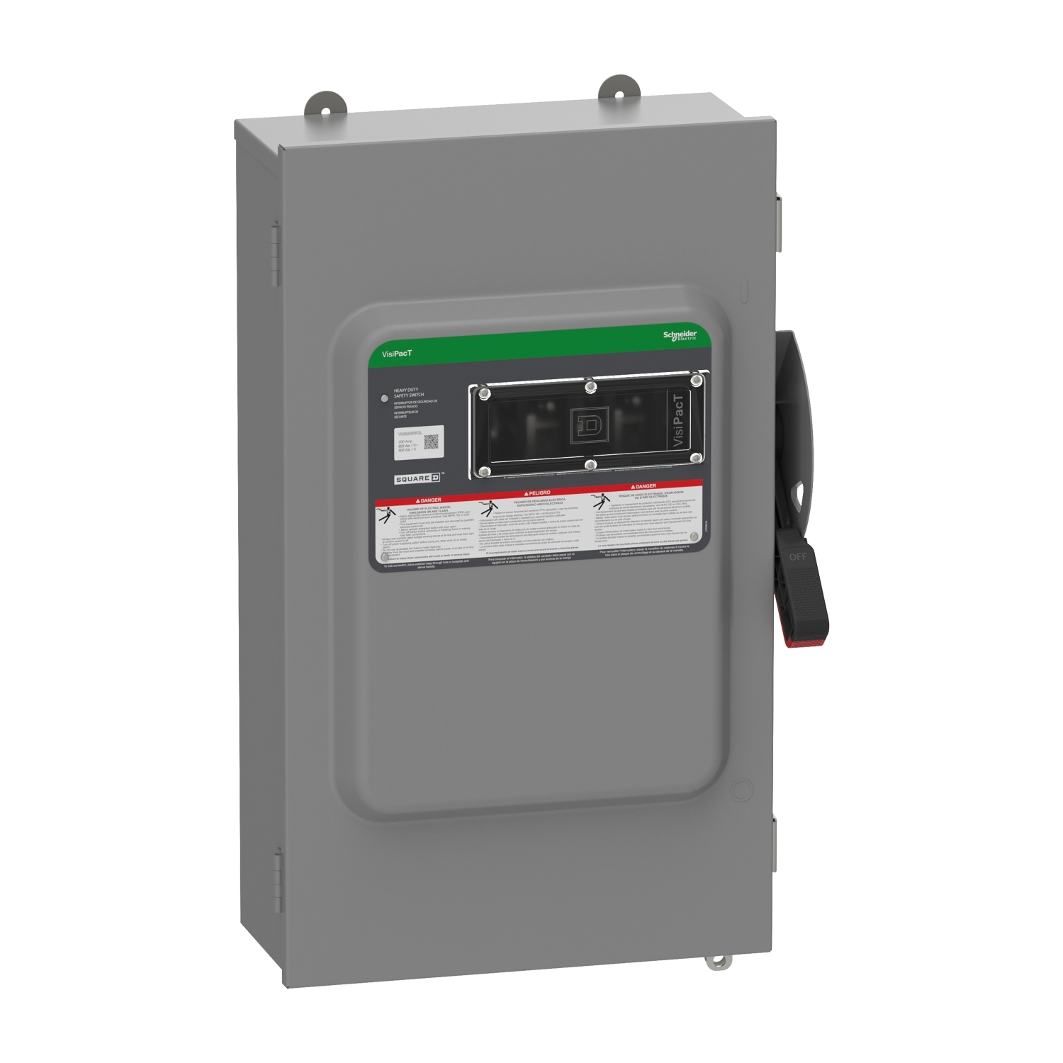 Safety switch, VisiPacT, heavy duty, fused, viewing window, NEMA 12, 600V, 200A, 3 pole, ground lugs