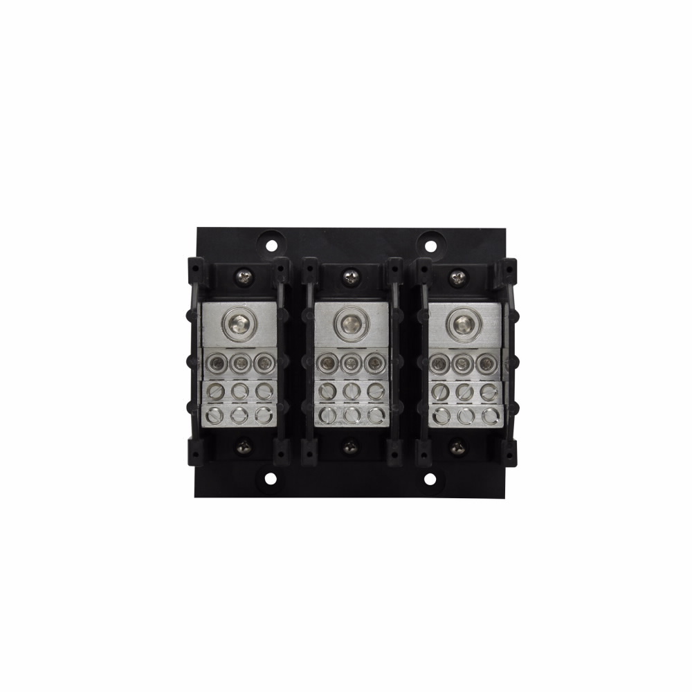 Eaton Bussmann series PDB power distribution block, IP-20 Finger-safe, 600 Vac, 600 Vdc, 310A, Power distribution block, Three-pole, SCCR: 200 kA (6 To 1/0 AWG), 100 kA (12 To 1/0 AWG), Panel, Tin-plated aluminum connectors