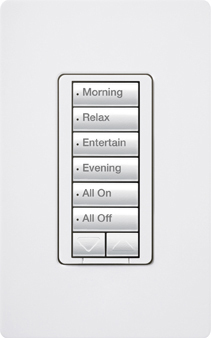 RadioRA 2 Hybrid Keypad, 6-button with raise/lower keypad and 450W/450VA two-wire or neutral-wire dimmer (Incandescent/Halogen/Magnetic Low Voltage), 120V, in light almond