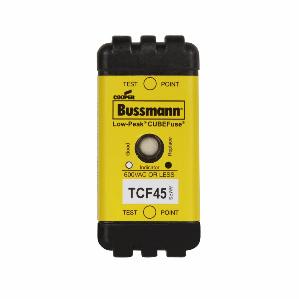 Eaton Bussmann series TCF fuse, Finger safe, 600 Vac/300 Vdc, 45A, 300 kAIC at 600 Vac, 100 kAIC at 300 Vdc, Indicating, Time delay, inrush current withstand, Class CF, CUBEFuse, Glass filled PES