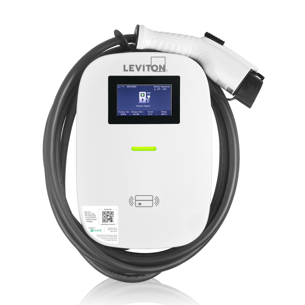 EV Series Pro Level 2 Electric Vehicle Charging Station, 48A, 208/240 VAC, 11.6kW Output, J1772 Charge Connector, 18' Cord, Includes Mounting Bracket and Pre-Attached Input Cable, HARDWIRED ONLY, Features AmpUp Charging Station Management Software and LCD Screen