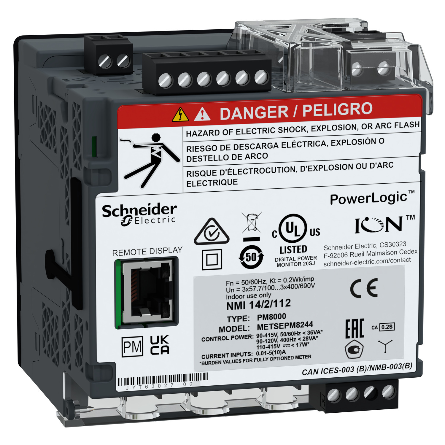 Power quality meter, PowerLogic PM8000, Standard, transducer and remote display, 512 MB, 256 s/c