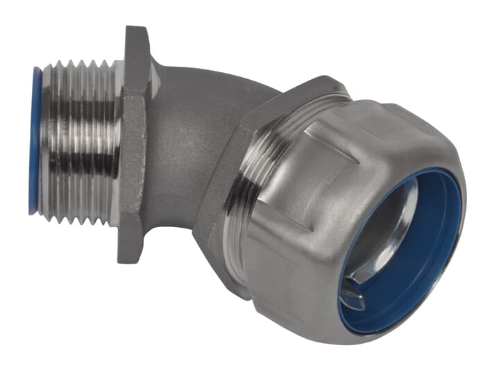 1/2 Inch Liquidtight Fitting for Flexible Metallic Conduit, 45 Degree, UL/CSA Listed, High UV Resistance, NEMA Ratings: 3, 3R, 4, 4X, Length 2.37 Inches/60.20mm, Width 1.33 Inches/33.78mm, Height 1.76 Inches/44.70mm, Temperature Range 0 to 105 Degrees C, 316 Stainless Steel with Duraplated Ground Cone