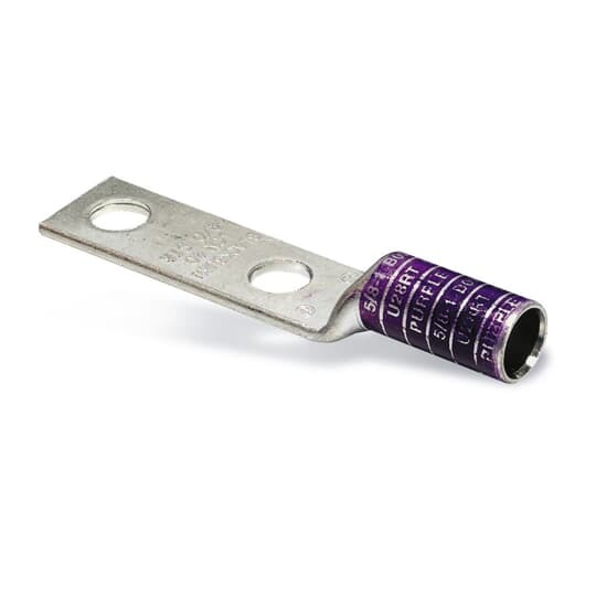 Type LCN Copper Two-Hole Lug, Long Barrel, Max 35kV, Wire Size 6 Str, 1/2 Inch Bolt Hole, Tin Plated, Die Color Code Blue