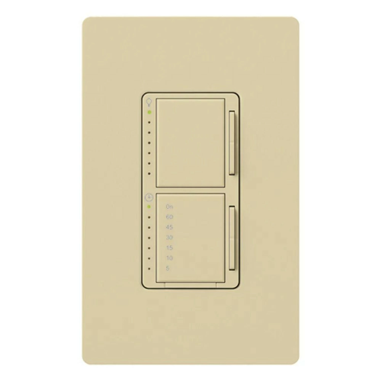 Maestro Dual Incandescent/Halogen Dimmer and Switch, Single-pole, clamshell packaging, wallplate included, White finish, 120V/300W dimmer, 2.5A switch in ivory