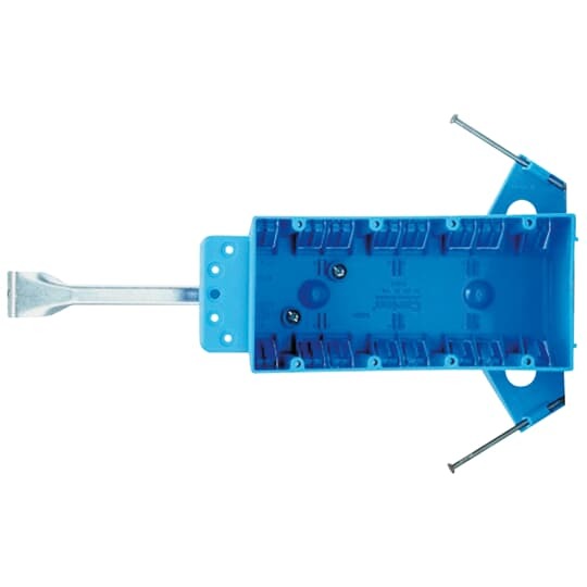 Four-Gang Nail-On New Work Outlet Box, Volume 60 Cubic Inches, Length 7-5/8 Inches, Width 3-11/16 Inches, Depth 2-1/2 Inches, Color Blue, Material PVC, Mounting Means Captive Nails, Bracket Support, and Hanger Bar