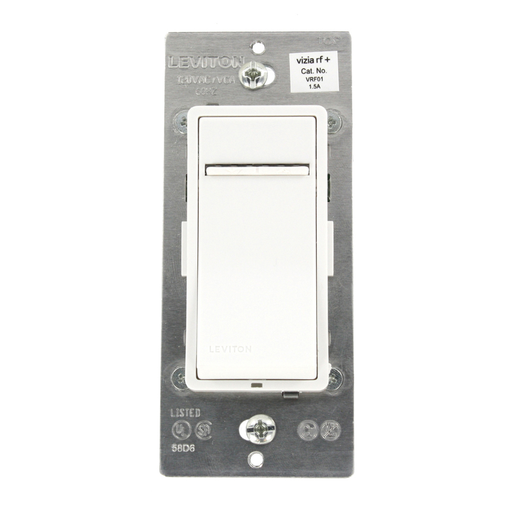 Vizia RF 1.5A Scene Capable Quiet Fan Speed Control for single pole. 3-way or more applications. With LED locator and fan speed display. White face assembled on device. Ivory and light almond faces included.
