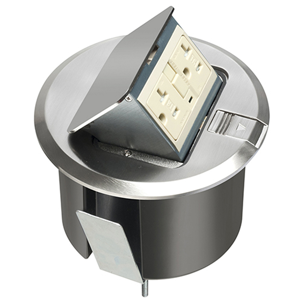 Pop up counter top box kit with round nickel plated cover. With Round plastic box. Comes with 20 amp decorator style tamper resistant GFCI receptacle.