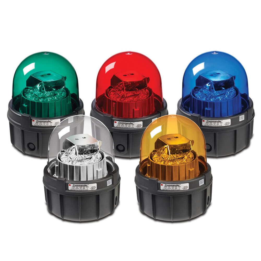 Commander LED Rotating Warning Light, Blue -Available in 120VAC. Five lamp/lens colors: Amber, Blue, Clear, Green and Red. 50,000 hour LED light source. Surface mount and integrated 1-inch NPT pipe mount. Type 4X, IP66 enclosure. IP69K compliant. UL and cUL Listed.