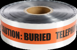 3" x 1000' "Buried Telephone Line Below" Underground Detectable Tape, 5 mil. Foil Bonded Polyethylene, Silver with Orange Stripes