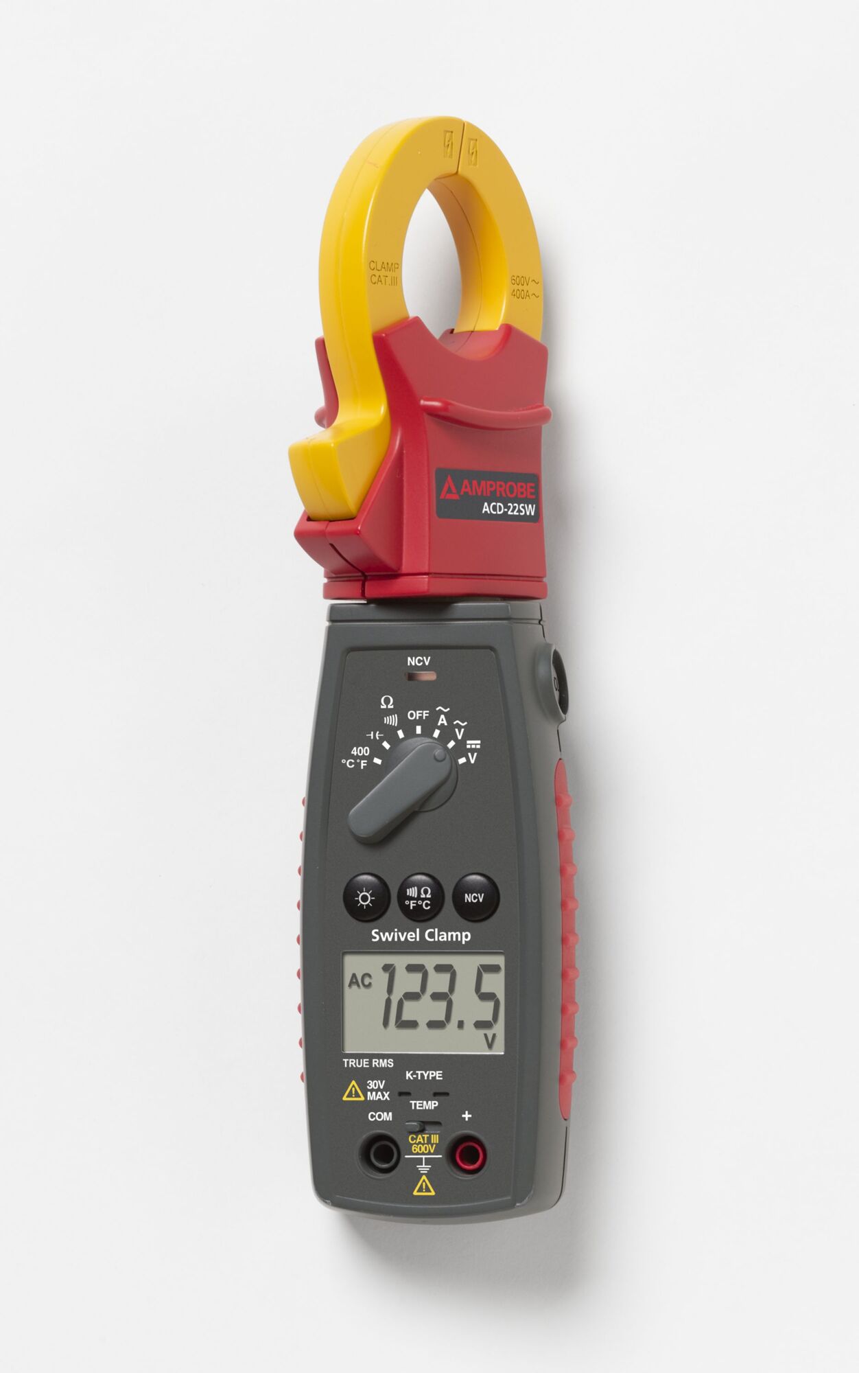 Amprobes new Swivel Clamp Meter features a patented 180-degree rotating head clamp design allowing easy views of measurements in tight or inconvenient to reach places. Simply rotate the body of the clamp meter to get an unobstructed view of the LCD display. Auto and manual ranging respectively for quick checks and precise measurements. Feature rich, measuring AC DC currents, voltage, resistance and capacitance as well as CAT III 600V safety ratings make this clamp on meter something you should swivel to see.
