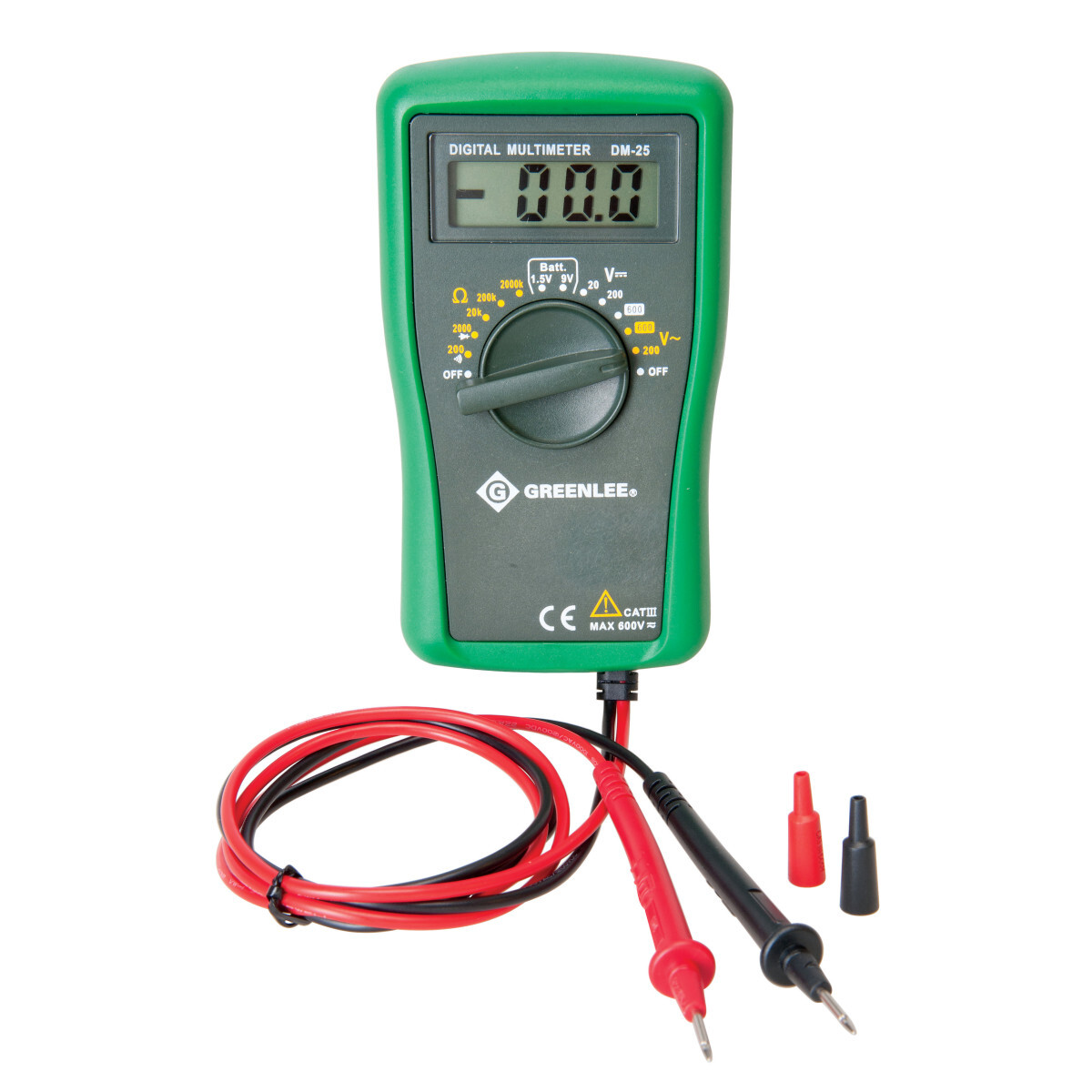 Digital AC/DC Multimeter CatIII 600V Manual Ranging.  Measures AC/DC voltage, AD/DC current and resistance.  Diode and audible continuity tests.  Tests 1.5V and 9V batteries.  Lifetime Limited Warrranty.