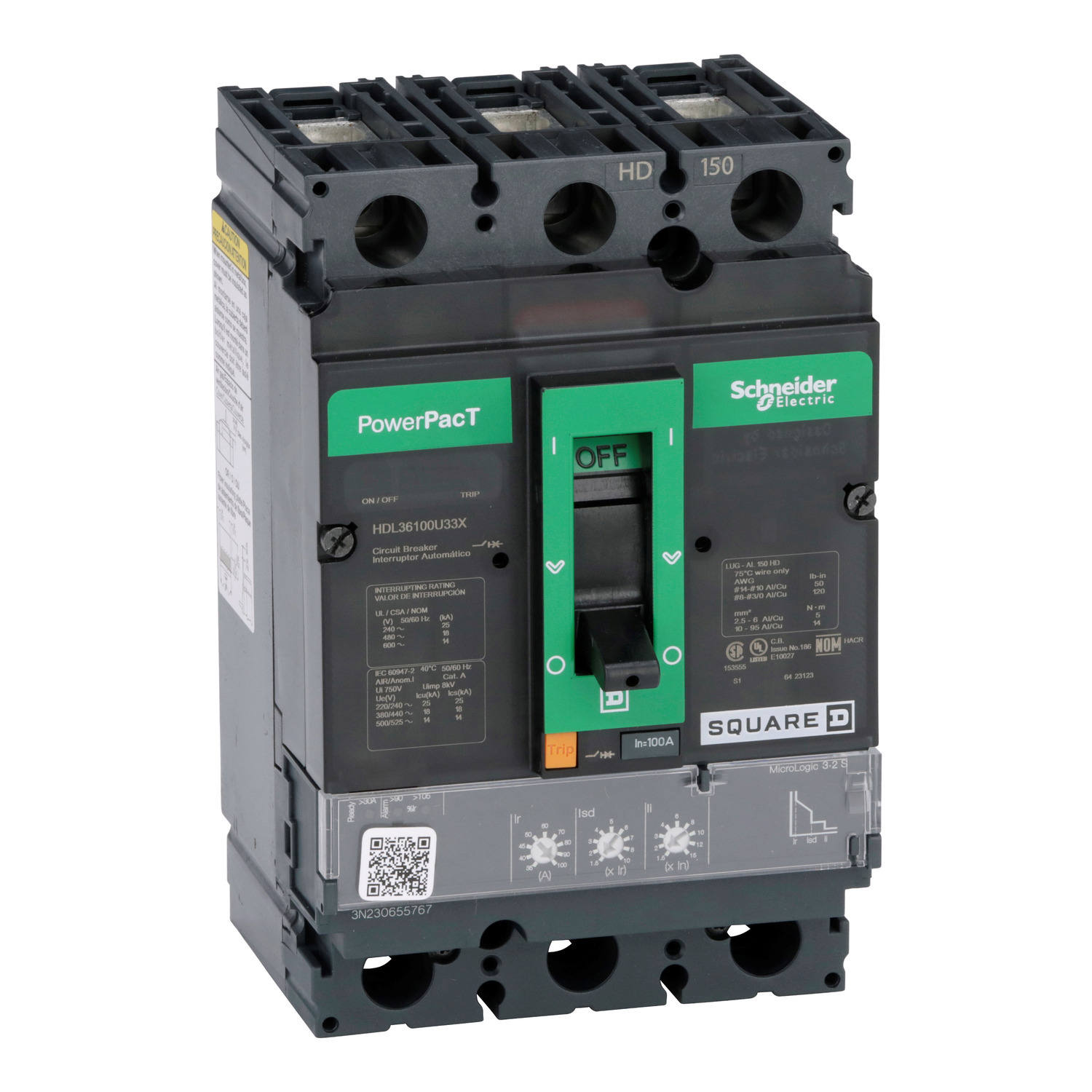 HDL36100U33X Molded Case Circuit Breaker, 100 Amp, 3 Pole, 600V