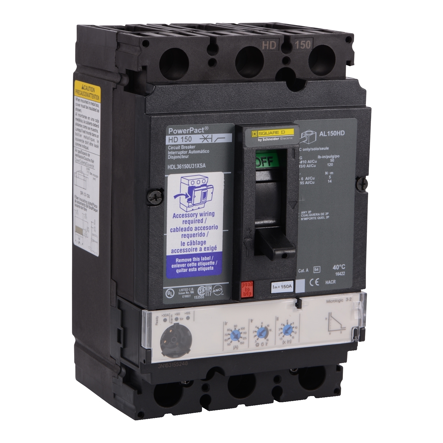 HDL36150U31XSA Molded Case Circuit Breaker, 150 Amp, 3 Pole, 600V