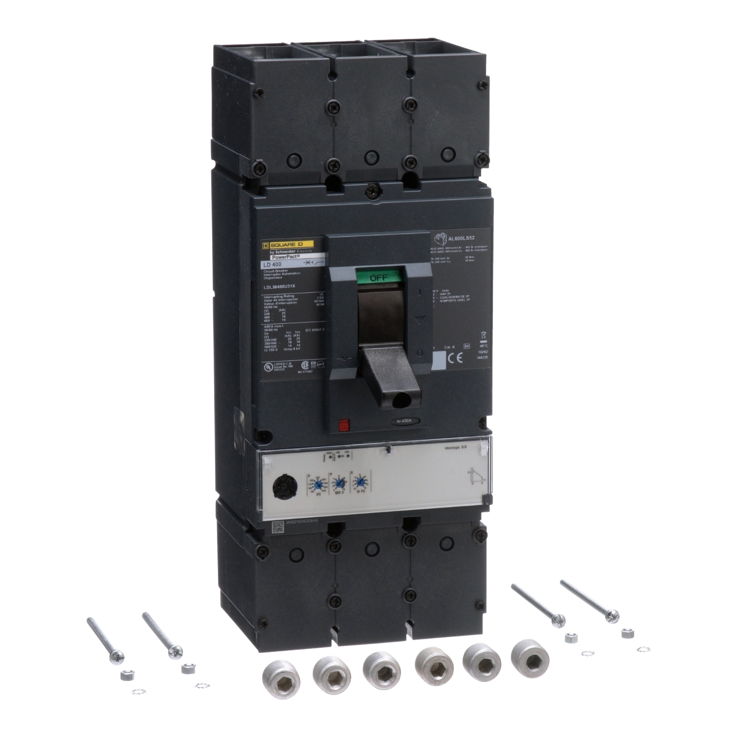 Circuit breaker, PowerPacT L, 400A, 3 pole, 600VAC, 14kA, lugs, MicroLogic 3.3, 80%