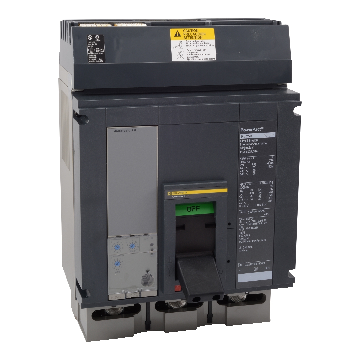 Circuit breaker, PowerPacT P, 800A, 3 pole, 600VAC, 25kA, I-Line, Micrologic 3.0, 80%, ABC