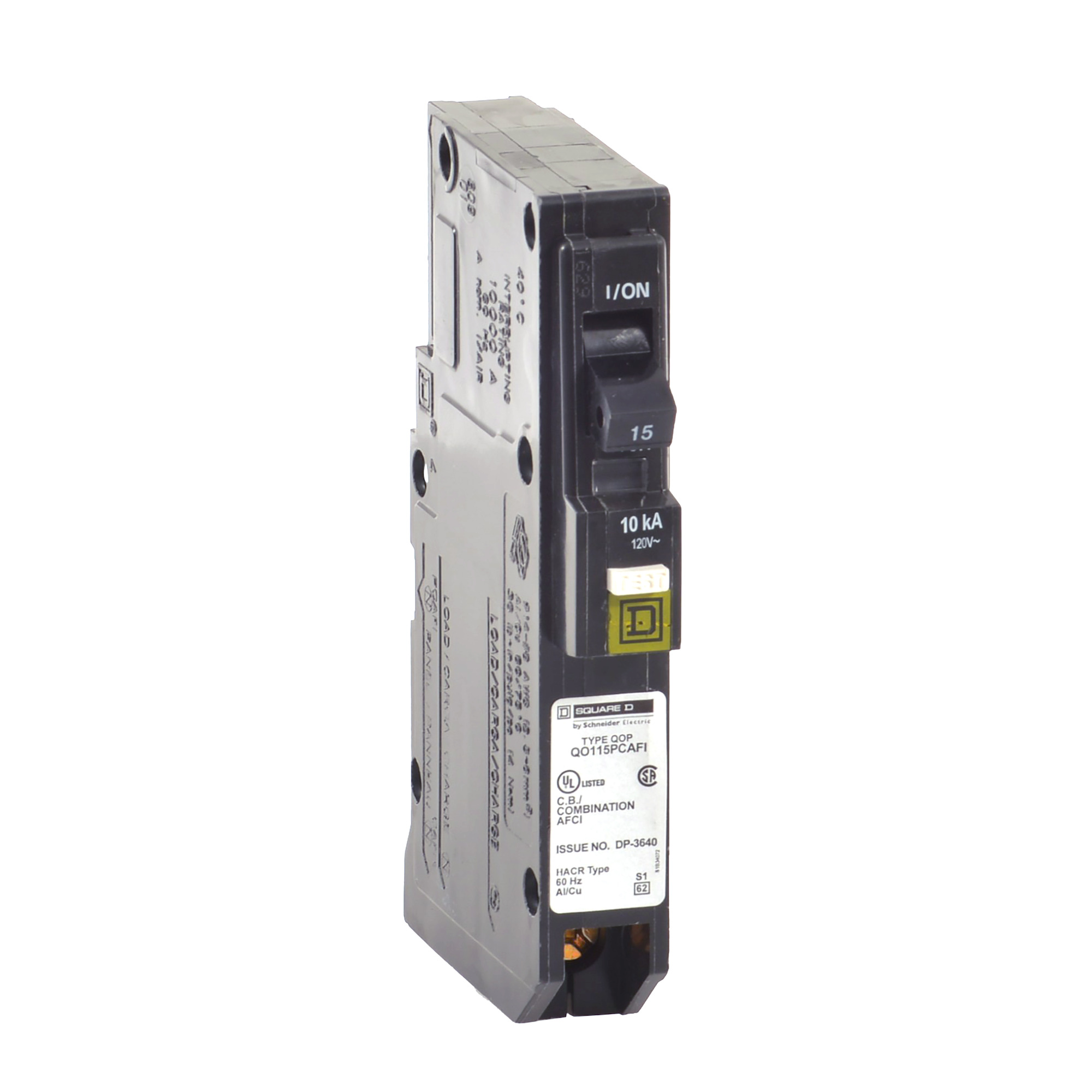 Mini circuit breaker, QO, 15A, 1 pole, 120VAC, 10kA, combo arc fault, plug on neutral, plug in mount