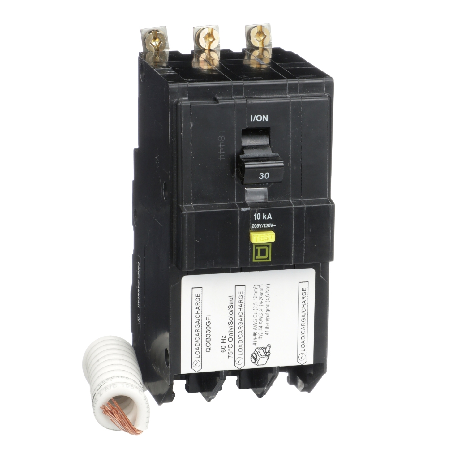 Mini circuit breaker, QO, 30A, 3 pole, 208Y/120VAC, 10kA, bolt on, 6mA grd fault A, pigtail [TAA]