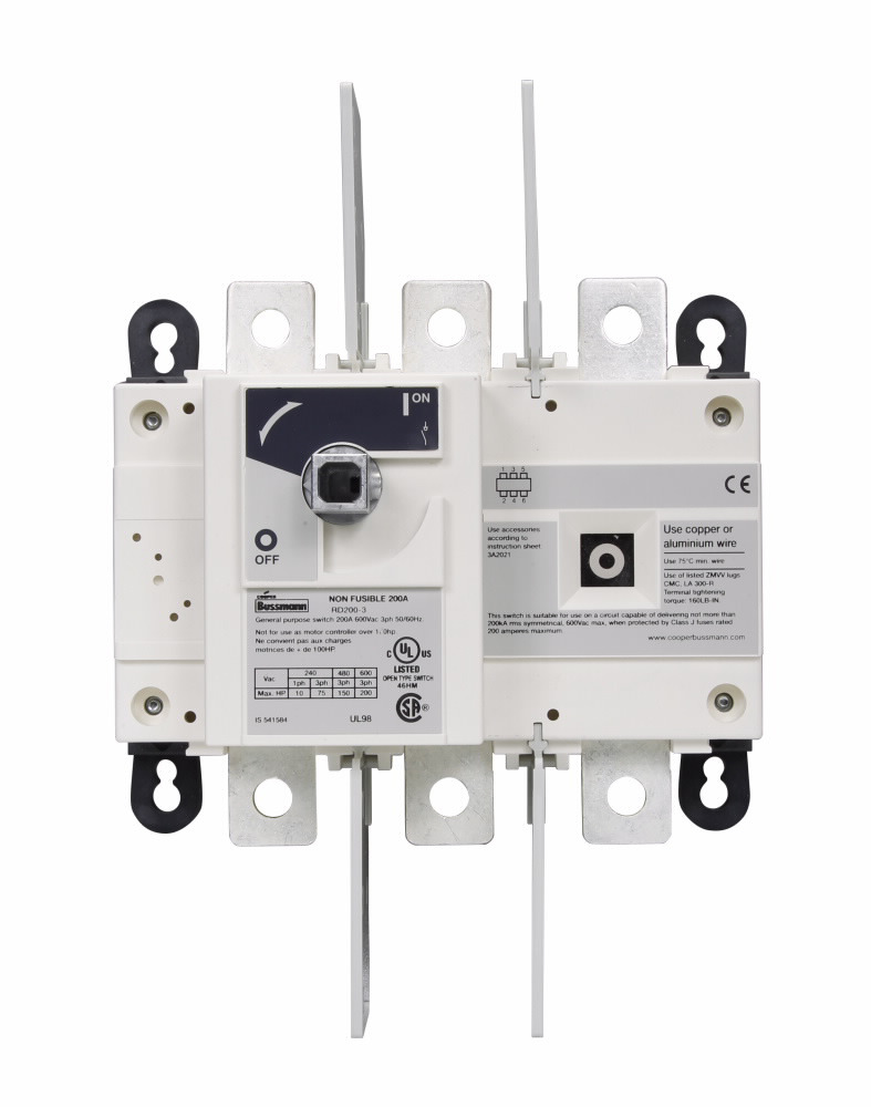 Eaton Bussmann series RD non-fused rotary disconnect switch, Standard switch, Front handle operation, 600 Vac, 250 Vdc, 200A, Non-fused disconnect switch - RD200-3