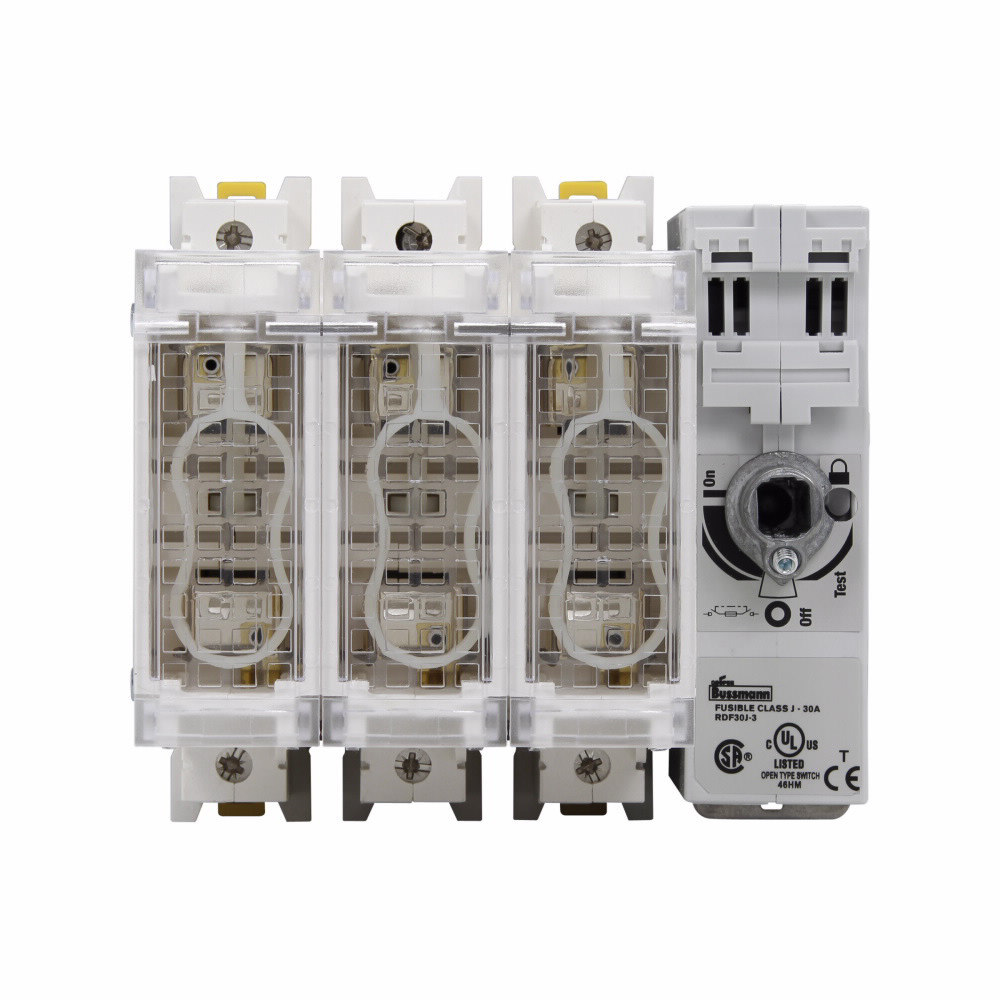 Eaton Bussmann series RDF fused rotary disconnect switch, Standard switch, Front/side handle operation, Flange, 600 Vac, 250 Vdc, 30A, Fused disconnect switch - RDF30J-3