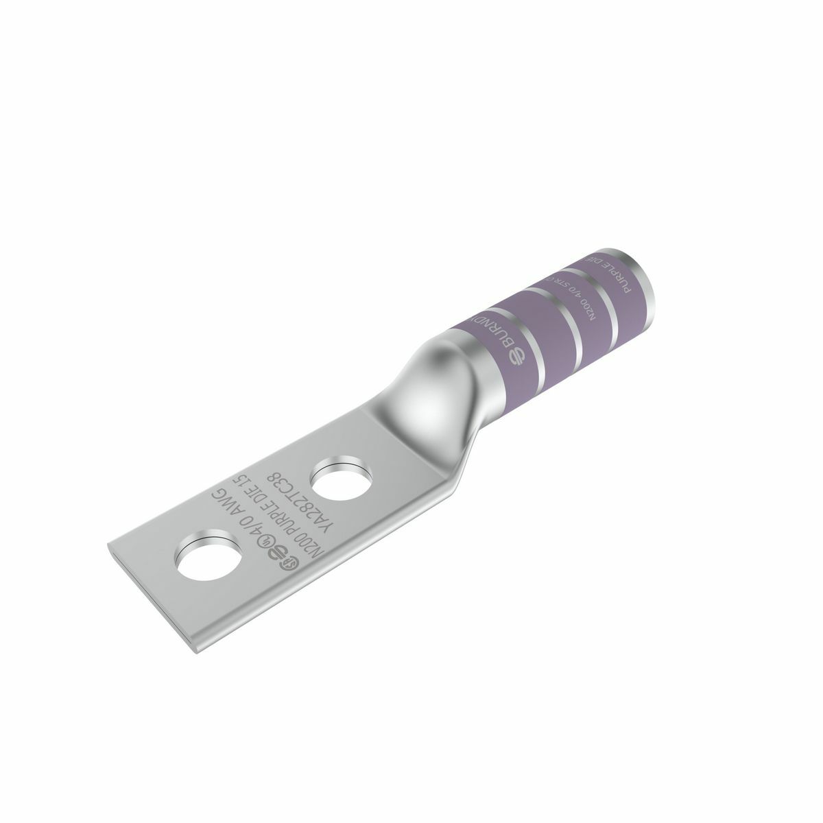 4/0 AWG CU, Two Hole, 3/8 Stud Size, 1-3/4 Hole Spacing, Long Barrel Internal Chamfer, Tin Plated, UL/CSA, 90?C, Up to 35kV, Purple Color Code, 15 Die Index.