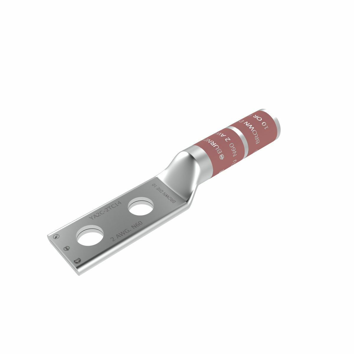 2 AWG CU, Two Hole, 3/8 Stud Size, 1-3/4 Hole Spacing, Long Barrel Internal Chamfer, Tin Plated, UL/CSA, 90?C, Up to 35kV, Brown Color Code, 10 Die Index.