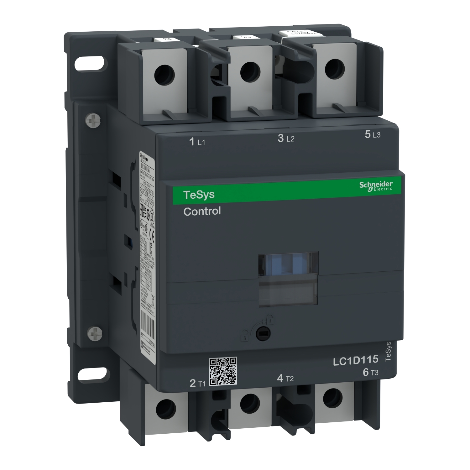 IEC contactor, TeSys Deca, nonreversing, 115A, 75HP at 480VAC, 3 phase, 3 pole, 3 NO, 115VAC 50/60Hz coil, open style