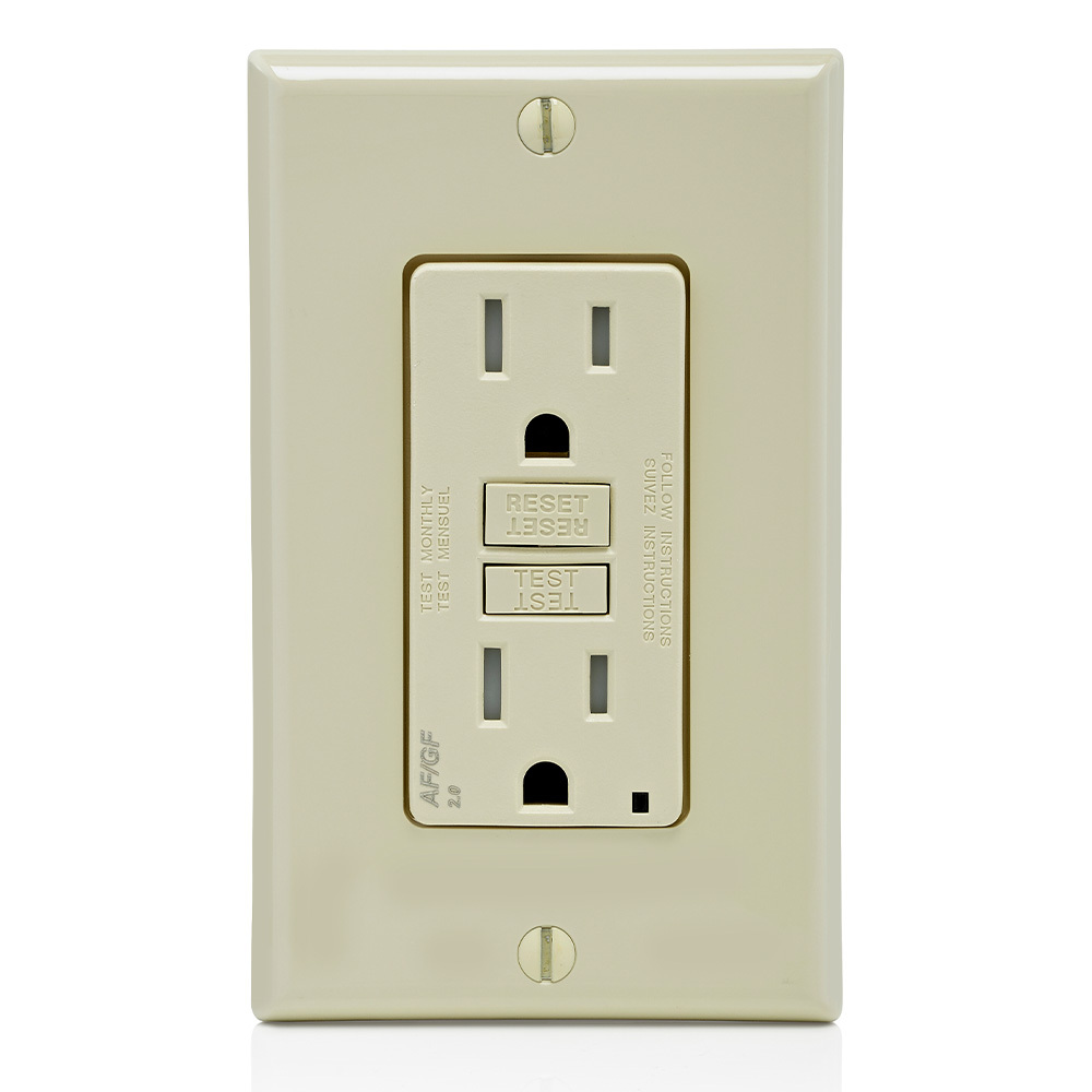 15 Amp, 125 Volt Dual Function AFCI/GFCI Receptacle, 20 Amp Feed-Through, Tamper-Resistant, Monochromatic, back and side wired, nylon wallplate/faceplate, screws and self-grounding clip included  Ivory