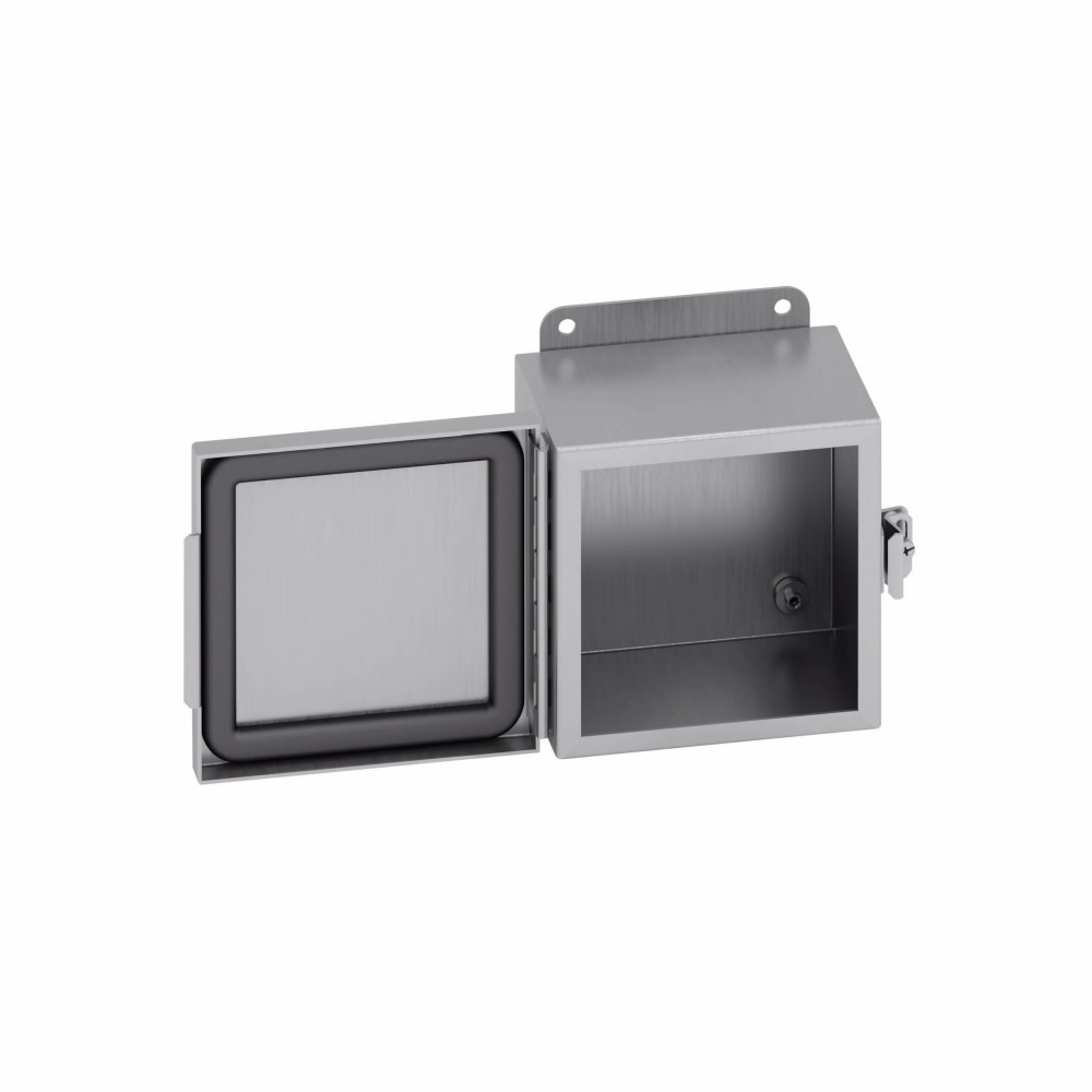 Eaton B-Line series JIC panel enclosure, 12" height, 6" length, 12" width, NEMA 4X, Hinged cover, 4XSCHC enclosure, Wall mount, Small single door, External mounting feet, 304 stainless steel, Seamless poured in-place gasket