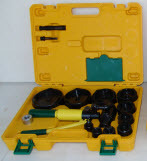 Hydraulic Punch Kit, 16 Piece Size, Aluminum material, 1/2 to 4 in. conduit size, includes (10) Die Sets: Sizes - 7/8", 1-1/8", 1-3/8", 1-3/4", 2", 2-1/2", 3", 3-1/2", 4", 4-1/2" and (2) Draw Studs/Collar: Sizes - 3/8", 3/4" and (1) 12 Ton Hydraulic Punch with Fully Articulating Head and (2) Tip-Bits Steps Drills and (1) 1/2" Die Spacer ultra Heavy Duty Carrying Case
