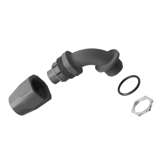 1 Inch, 90 Degree, Two-Piece Liquidtight Non-Metallic Fitting, UL E32447, Temperatures up to 107 Degrees C, Nitril Rubber O-Ring, PVC, Grey