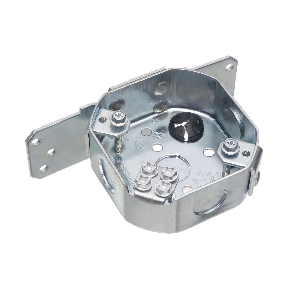 Steel octagonal fan and fixture mounting box. 70lb fan rated, 200lb fixture rated. 2" box depth. 20.0 cu. in. With side mounting bracket.