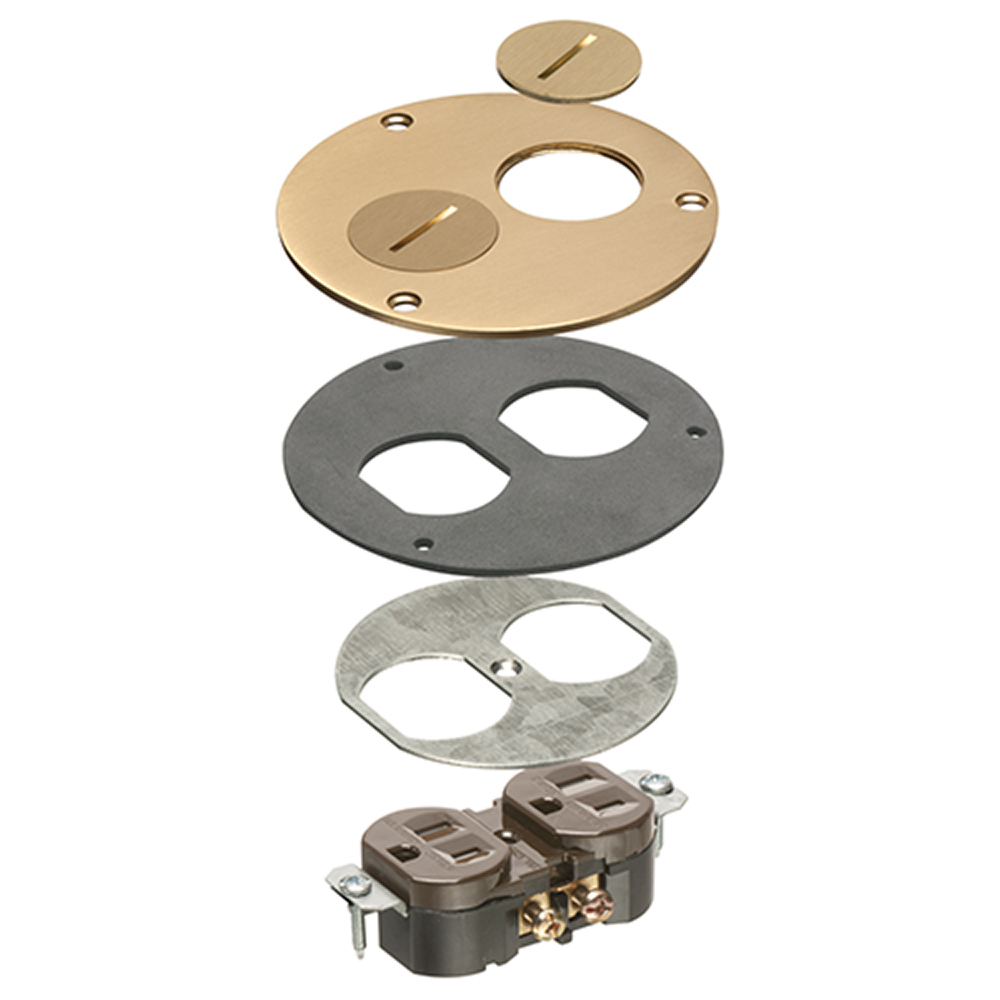 Trim Kits with metal covers for Arlington FLB3500 Box. 4" round Brass cover gasket and receptacle.