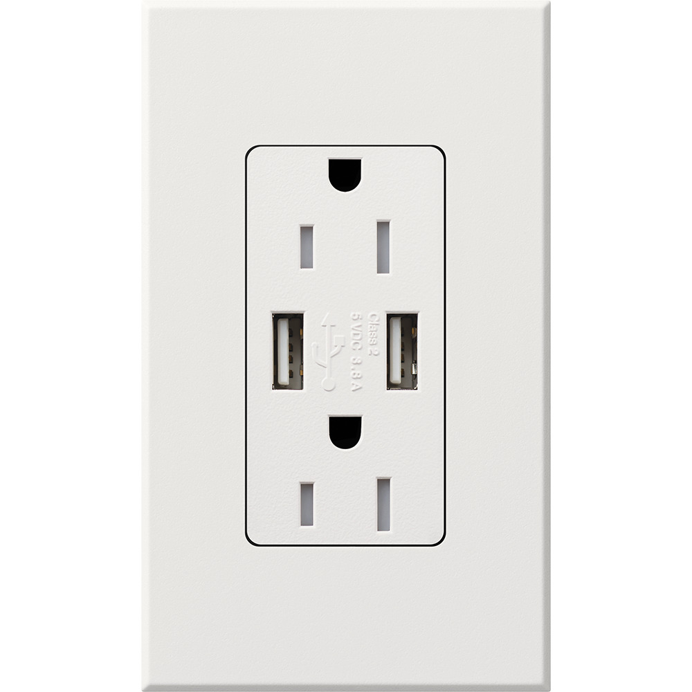 Architectural style, tamper-resistant USB receptacle, 125V, 15A in white