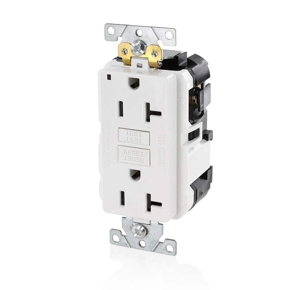 20 Amp, 125 Volt, SmartlockPro Slim Lev-Lok GFCI Self-Test Receptacle, Extra-Heavy Duty Industrial Grade, 20A Feed-Through,NEMA 5-20R, 2P, 3W, Modular Terminals  WHITE