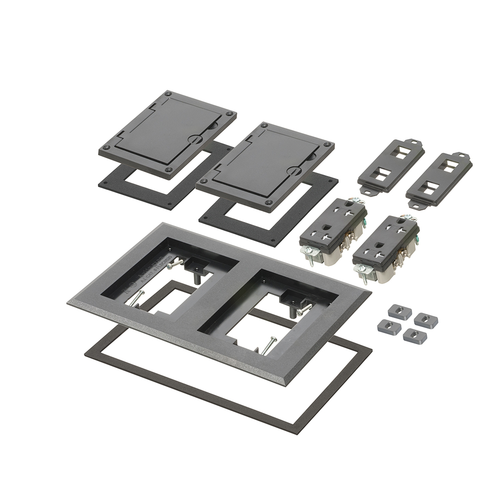 Black non-metallic two gang frame kit with (2) flip lid covers. Includes (2) 20A decorator style receptacles, (2) gaskets, low voltage insert and installation screws. Flip lid cover can be opened in any direction.