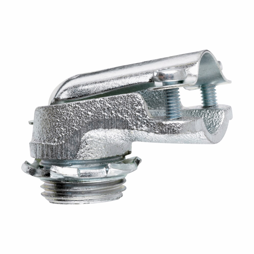 Eaton Crouse-Hinds series FMC clamp type connector, FMC, 90 angle, Non-insulated, Malleable iron, 1-1/2"