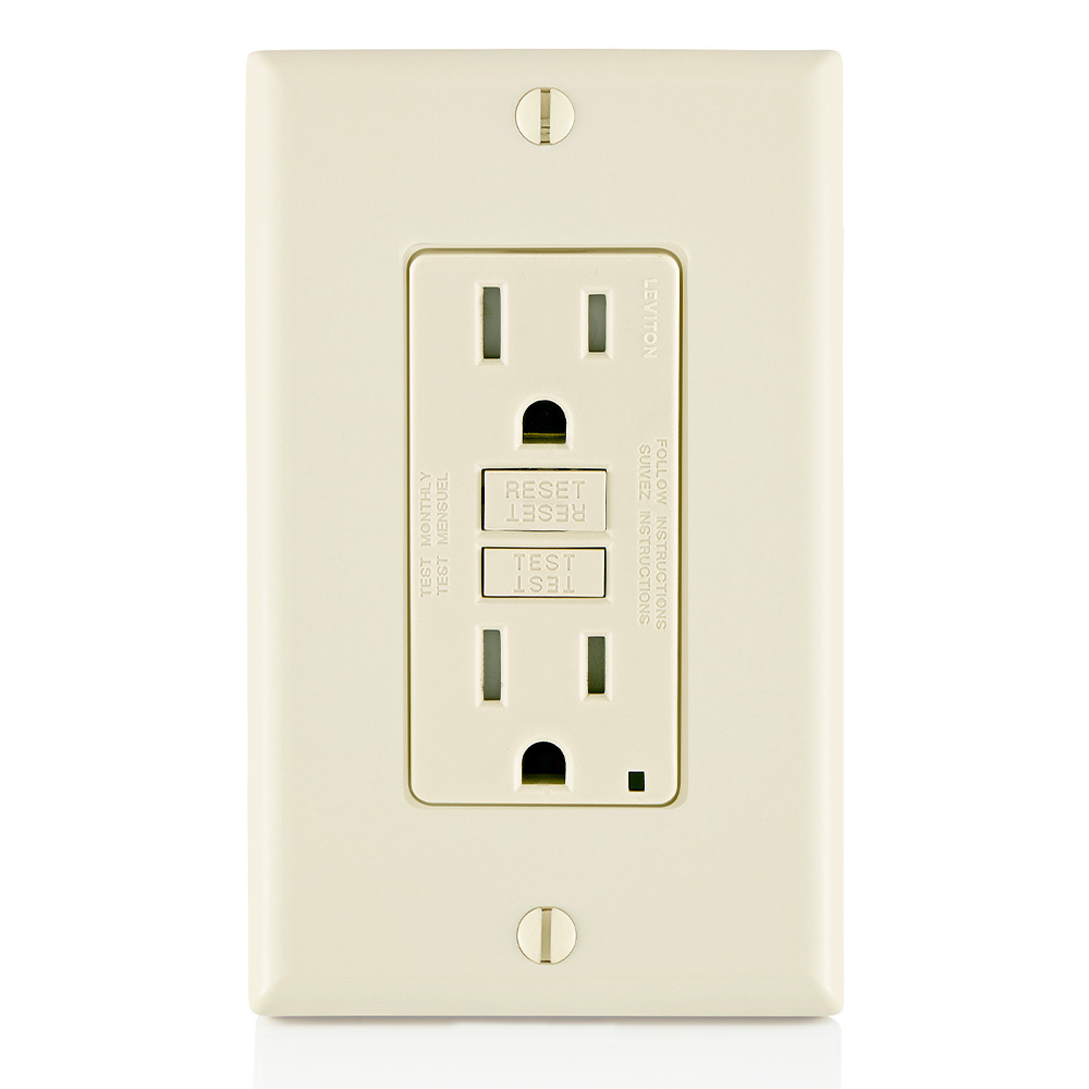 Self-Test Slim Tamper Resistant GFCI Receptacle. Nema 5-15R 15A-125V At Receptacle, 20A-125V Feed-through. Lighted - Light Alomd With Light Almond Test And Reset Button.