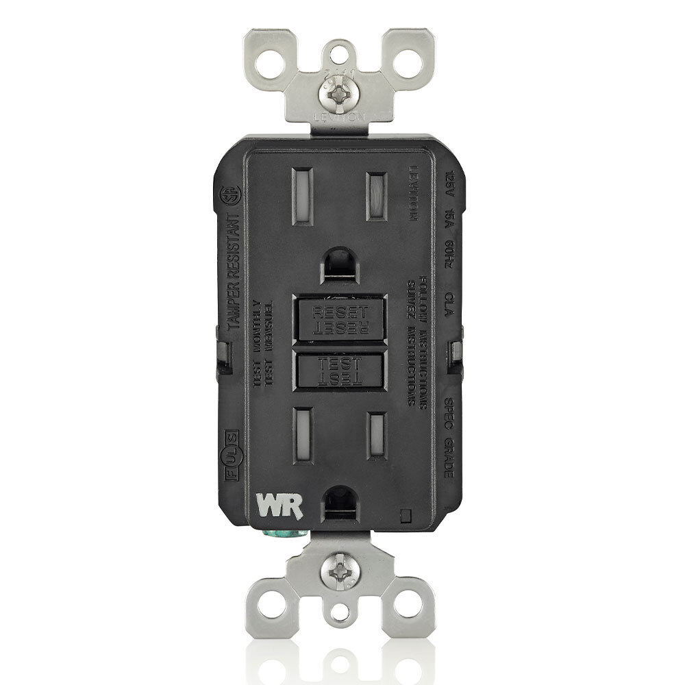 Self-Test Tamper Resistant, Weather Resistant GFCI Receptacle. Nema 5-15R, 15A-125V At Receptacle, 20A-125V Feed-through - Black With Black Test And Reset Buttons