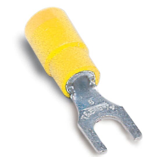 Expanded Vinyl-Insulated Fork Terminal, Length 1.11 Inches, Width .38 Inches, Maximum Insulation .250, Bolt Hole #10, Wire Range #12-#10 AWG, Color Yellow, Copper, Tin Plated